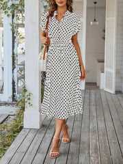 Polka Dot Short Sleeves Button Midi Shirt Dress
