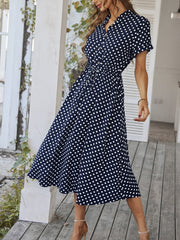 Polka Dot Short Sleeves Button Midi Shirt Dress