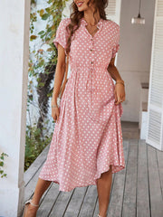 Polka Dot Short Sleeves Button Midi Shirt Dress