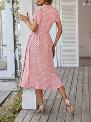 Polka Dot Short Sleeves Button Midi Shirt Dress