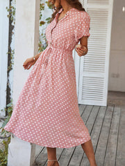 Polka Dot Short Sleeves Button Midi Shirt Dress