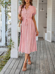Polka Dot Short Sleeves Button Midi Shirt Dress