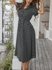 Polka Dot Short Sleeves Button Midi Shirt Dress