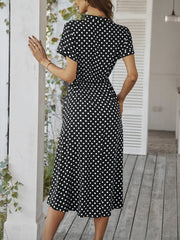 Polka Dot Short Sleeves Button Midi Shirt Dress
