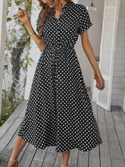 Polka Dot Short Sleeves Button Midi Shirt Dress