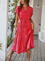 Polka Dot Short Sleeves Button Midi Shirt Dress