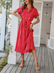 Polka Dot Short Sleeves Button Midi Shirt Dress