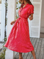 Polka Dot Short Sleeves Button Midi Shirt Dress