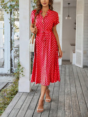 Polka Dot Short Sleeves Button Midi Shirt Dress