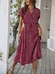 Polka Dot Short Sleeves Button Midi Shirt Dress