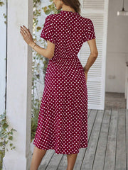 Polka Dot Short Sleeves Button Midi Shirt Dress