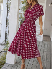 Polka Dot Short Sleeves Button Midi Shirt Dress
