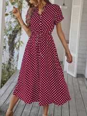 Polka Dot Short Sleeves Button Midi Shirt Dress