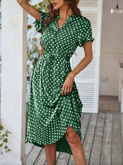 Polka Dot Short Sleeves Button Midi Shirt Dress