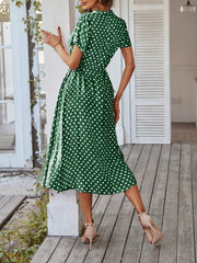 Polka Dot Short Sleeves Button Midi Shirt Dress
