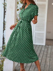 Polka Dot Short Sleeves Button Midi Shirt Dress