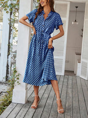 Polka Dot Short Sleeves Button Midi Shirt Dress