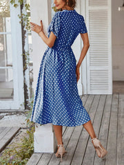 Polka Dot Short Sleeves Button Midi Shirt Dress