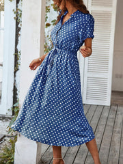 Polka Dot Short Sleeves Button Midi Shirt Dress