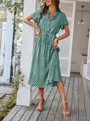 Polka Dot Short Sleeves Button Midi Shirt Dress