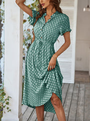 Polka Dot Short Sleeves Button Midi Shirt Dress