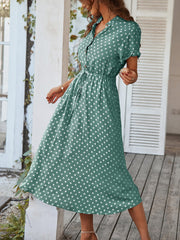 Polka Dot Short Sleeves Button Midi Shirt Dress