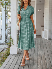 Polka Dot Short Sleeves Button Midi Shirt Dress
