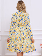 Tie Neck Chiffon Long Sleeve Belted Vintage Floral Dress
