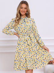 Tie Neck Chiffon Long Sleeve Belted Vintage Floral Dress