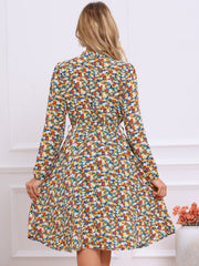 Tie Neck Chiffon Long Sleeve Belted Vintage Floral Dress