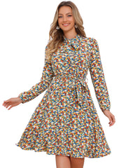 Tie Neck Chiffon Long Sleeve Belted Vintage Floral Dress