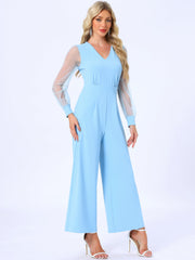 Elegant V Neck Mesh Long Sleeve Loose Wide Leg Jumpsuits