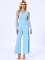 Elegant V Neck Mesh Long Sleeve Loose Wide Leg Jumpsuits