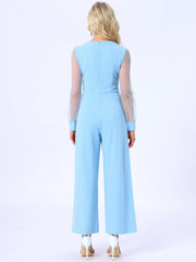 Elegant V Neck Mesh Long Sleeve Loose Wide Leg Jumpsuits