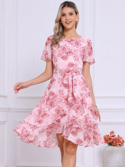 Floral Midi High Low Hem Tie Waist Flowy Chiffon Dress