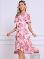 Floral Midi High Low Hem Tie Waist Flowy Chiffon Dress
