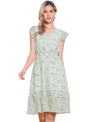 Floral Flutter Sleeve V Neck Smocked Ruffle Dress