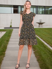 Floral Flutter Sleeve V Neck Smocked Ruffle Dress