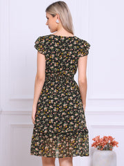Floral Flutter Sleeve V Neck Smocked Ruffle Dress