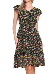 Floral Flutter Sleeve V Neck Smocked Ruffle Dress