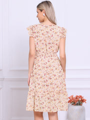Floral Flutter Sleeve V Neck Smocked Ruffle Dress