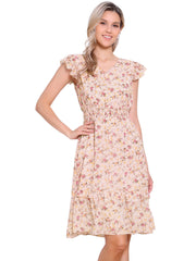 Floral Flutter Sleeve V Neck Smocked Ruffle Dress