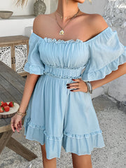 Lightweight Chiffon Ruffled Off Shoulder Mini A-Line Casual Dress