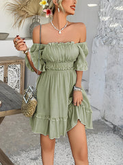 Lightweight Chiffon Ruffled Off Shoulder Mini A-Line Casual Dress