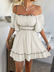 Lightweight Chiffon Ruffled Off Shoulder Mini A-Line Casual Dress