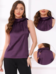 Elegant Satin Sleeveless Tie Knot Mock Neck Solid Work Blouse Top