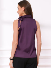 Elegant Satin Sleeveless Tie Knot Mock Neck Solid Work Blouse Top