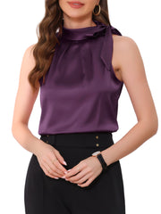 Elegant Satin Sleeveless Tie Knot Mock Neck Solid Work Blouse Top