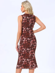 Mesh Floral Sleeveless Bodycon Cocktail Midi Dress