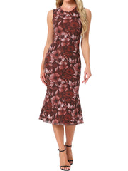 Mesh Floral Sleeveless Bodycon Cocktail Midi Dress